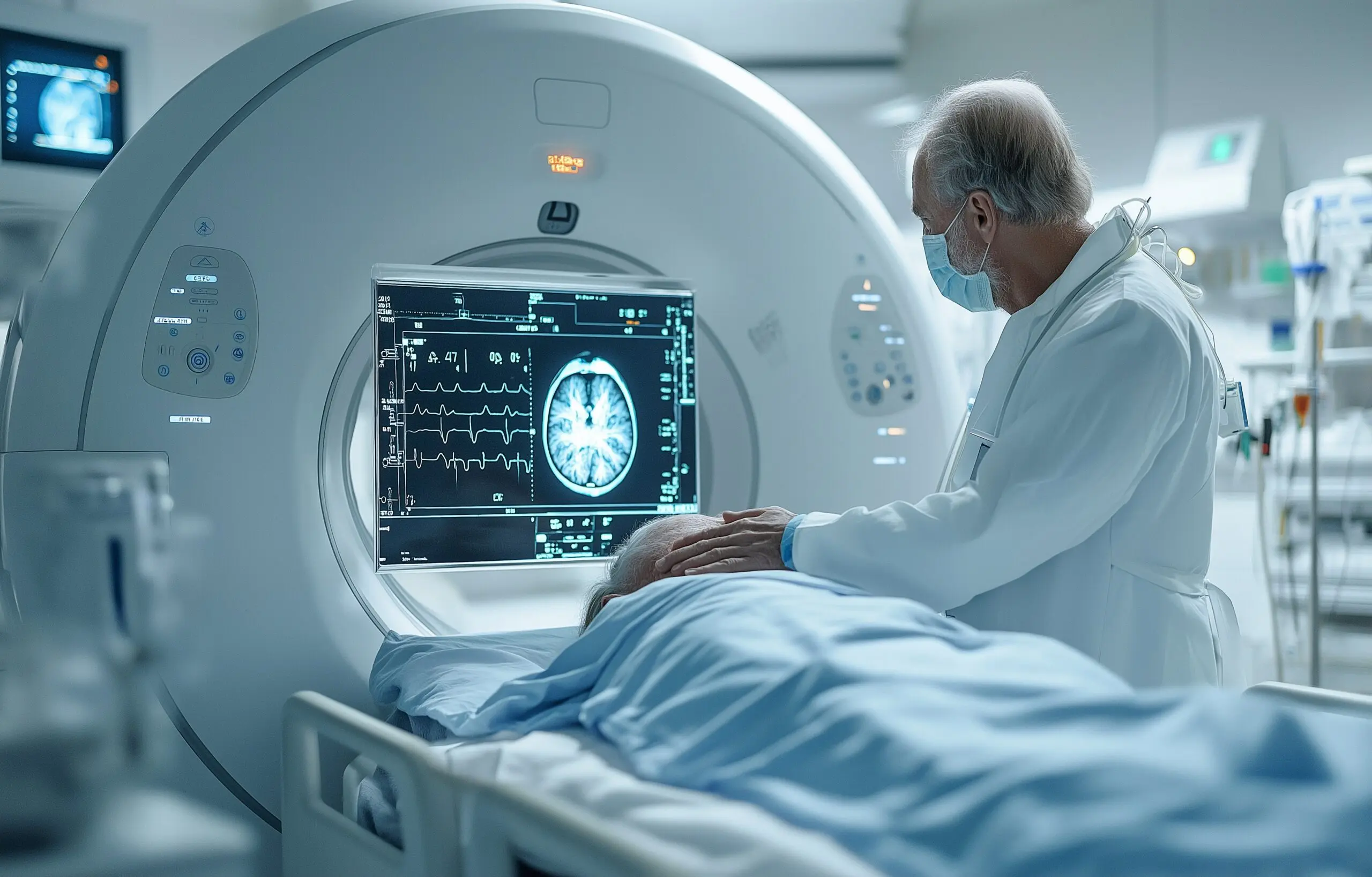 After a heart attack, a cardiologist uses an MRI scan in the intensive care unit to evaluate the patient's heart.